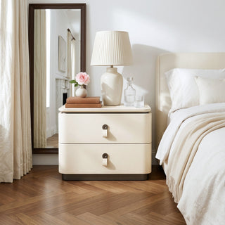 The Milan Leather Nightstand | 2‑Drawer with Leather Handles | Italian Bedside Table (M)