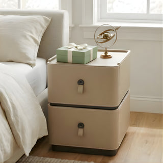 The Milan Leather Slim Nightstand | 2-Drawer with Leather Handles (T)