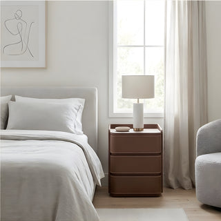 The Capri Leather 3-Drawer Nightstand | Rounded Corners &amp; Raised Rim Top | Luxury Bedside Table (M)