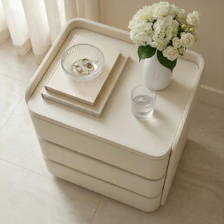 The Capri Leather 3-Drawer Nightstand | Rounded Corners &amp; Raised Rim Top | Luxury Bedside Table (B)