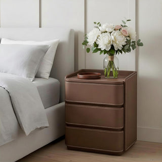 The Capri Leather 3-Drawer Nightstand | Rounded Corners &amp; Raised Rim Top | Luxury Bedside Table (I)