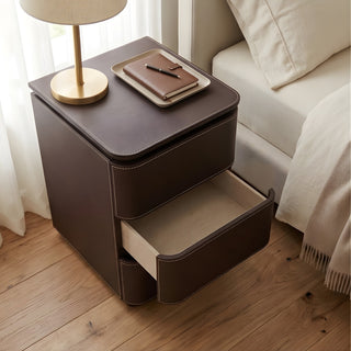 The Capri Slim Leather Nightstand with 3 Drawers | Rounded Corners | Refined Bedside End Table for Luxury Bedrooms (I)