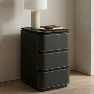 The Capri Slim Leather Nightstand with 3 Drawers | Rounded Corners | Refined Bedside End Table for Luxury Bedrooms (B)