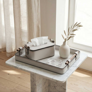 Elegant Rosewood Handle Leather Tissue Box Case | Secure Snap | Luxury Tissue Holder for Coffee Table, Bedroom and Office