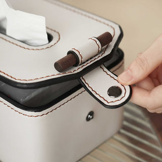 Elegant Rosewood Handle Leather Tissue Box Case | Secure Snap | Luxury Tissue Holder for Coffee Table, Bedroom and Office