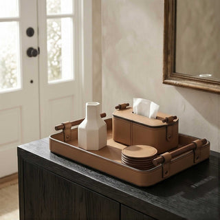 Elegant Rosewood Handle Leather Tissue Box Case | Secure Snap | Luxury Tissue Holder for Coffee Table, Bedroom and Office