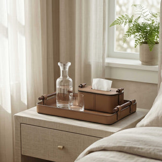 Elegant Rosewood Handle Leather Tissue Box Case | Secure Snap | Luxury Tissue Holder for Coffee Table, Bedroom and Office