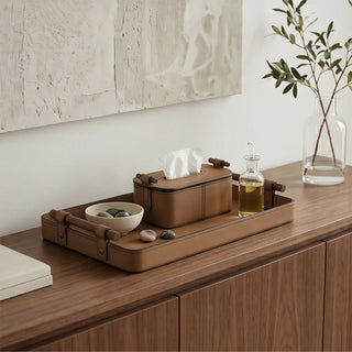 Elegant Rosewood Handle Leather Tissue Box Case | Secure Snap | Luxury Tissue Holder for Coffee Table, Bedroom and Office