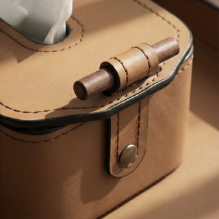 Elegant Rosewood Handle Leather Tissue Box Case | Secure Snap | Luxury Tissue Holder for Coffee Table, Bedroom and Office