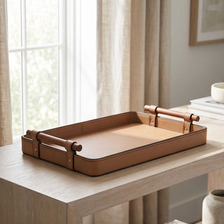 Elegant Rosewood Handle Leather Tray | Luxury Catchall, Entryway Valet & Nightstand Organizer for Home & Office