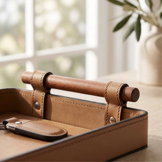 Elegant Rosewood Handle Leather Tray | Luxury Catchall, Entryway Valet & Nightstand Organizer for Home & Office
