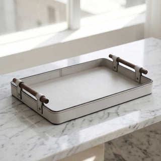 Elegant Rosewood Handle Leather Tray | Luxury Catchall, Entryway Valet & Nightstand Organizer for Home & Office