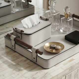 Elegant Rosewood Handle Leather Tray | Luxury Catchall, Entryway Valet & Nightstand Organizer for Home & Office