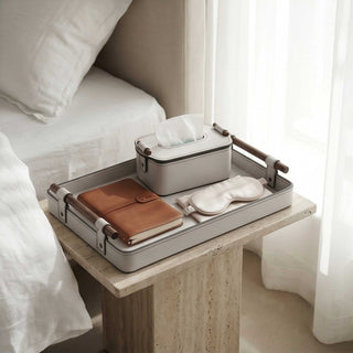 Elegant Rosewood Handle Leather Tray | Luxury Catchall, Entryway Valet & Nightstand Organizer for Home & Office
