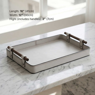 Elegant Rosewood Handle Leather Tray | Luxury Catchall, Entryway Valet & Nightstand Organizer for Home & Office
