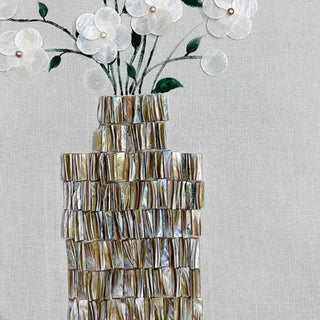 3D Handcrafted White Flowers with Real Shell Vase Wall Art | Sophisticated Floral Motif Canvas for Luxury Décor