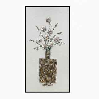 3D Handcrafted White Flowers with Real Shell Vase Wall Art | Sophisticated Floral Motif Canvas for Luxury Décor