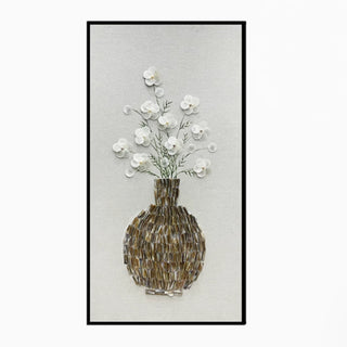 3D Handcrafted White Flowers with Real Shell Vase Wall Art | Sophisticated Floral Motif Canvas for Luxury Décor