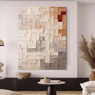 Hand-painted 3D Textured Impasto Geometric Wall Art | Mixed Neutral Tones & Accent | Modern Abstract Blocks
