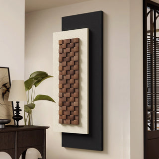 3D Layered Vertical Contemporary Wall Art | Black Frame with Woven Natural Wood