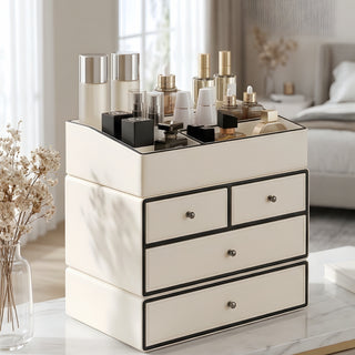 Ivory Leather Organizer with Black Trim | Multi‑Drawer Storage | for Luxury Makeup, Skincare, Perfume & Accessories