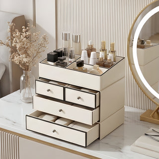 Ivory Leather Organizer with Black Trim | Multi‑Drawer Storage | for Luxury Makeup, Skincare, Perfume & Accessories