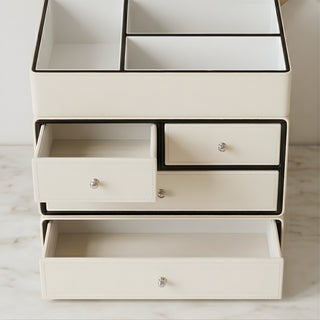 Ivory Leather Organizer with Black Trim | Multi‑Drawer Storage | for Luxury Makeup, Skincare, Perfume & Accessories