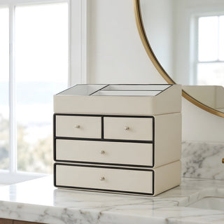 Ivory Leather Organizer with Black Trim | Multi‑Drawer Storage | for Luxury Makeup, Skincare, Perfume & Accessories
