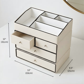 Ivory Leather Organizer with Black Trim | Multi‑Drawer Storage | for Luxury Makeup, Skincare, Perfume & Accessories