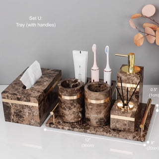 Luxury Premium Natural Brown Marble Bathroom Vanity Set Organizer | Spa Style Accessories