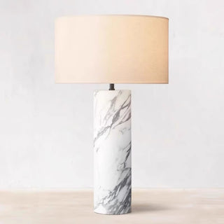 Carrara Veined Natural Marble Cylinder Table Lamp | Classic‑Contemporary Bedside Lamp