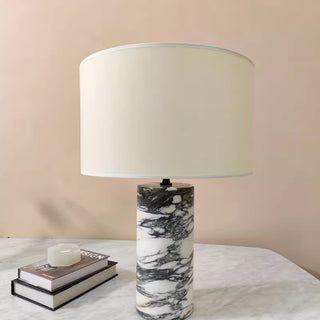 Carrara Veined Natural Marble Cylinder Table Lamp | Classic‑Contemporary Bedside Lamp