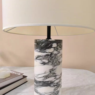 Carrara Veined Natural Marble Cylinder Table Lamp | Classic‑Contemporary Bedside Lamp