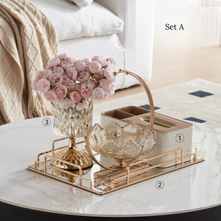Champagne Gold Mirrored Decorative Tray | White & Chanterelle Leather Organizer