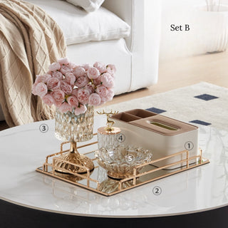 Champagne Gold Mirrored Decorative Tray | White & Chanterelle Leather Organizer