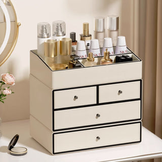 Chic Cream Leather Makeup Organizer | Multi-Tier Cosmetic Storage Box with Drawers