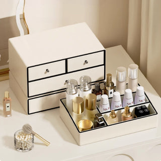 Chic Cream Leather Makeup Organizer | Multi-Tier Cosmetic Storage Box with Drawers