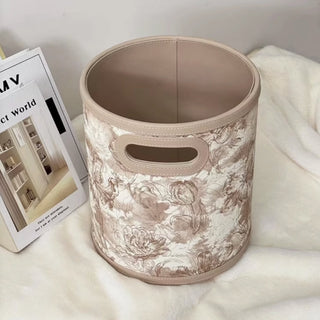 Elegant Leather Cream Tan Floral Patterned Storage Bin