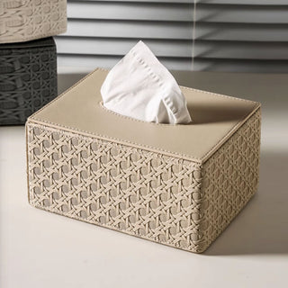 Contemporary Rattan Style Leather Tissue Box Holder | Stylish Woven Texture Rectangular Tissue Box