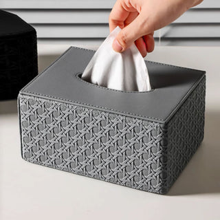 Contemporary Rattan Style Tissue Box Holder | Stylish Woven Texture Rectangular Tissue Box