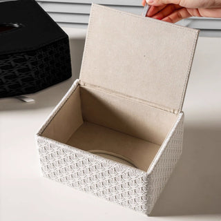 Contemporary Rattan Style Leather Tissue Box Holder | Stylish Woven Texture Rectangular Tissue Box