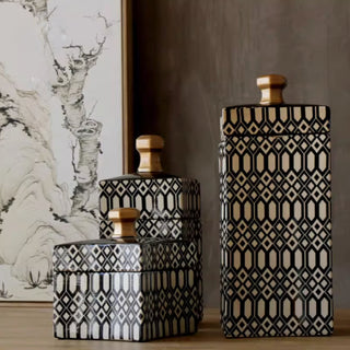 Decorative Storage Canisters | Black & White Geometric with Gold Lids | Modern & Chic Accent Decor