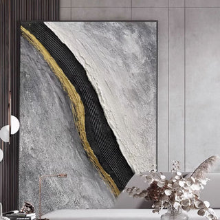 Hand-Painted Dynamic Gold & Neutral Abstract Art | Elegant Grey & Black | Modern Minimalist Décor