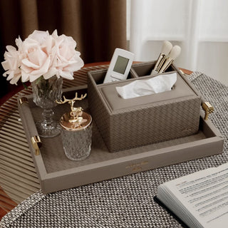 Elegant Gray-Brown / Taupe Woven Tissue Box & Storage Tray Set – Luxury Desktop Organizer