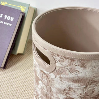 Elegant Leather Cream Tan Floral Patterned Storage Bin