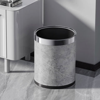 Elegant Stone Texture Round Trash Can | Marble Finish with Silver Trim | Contemporary Waste Bin for Home & Office
