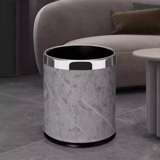 Elegant Stone Texture Round Trash Can | Marble Finish with Silver Trim | Contemporary Waste Bin for Home & Office