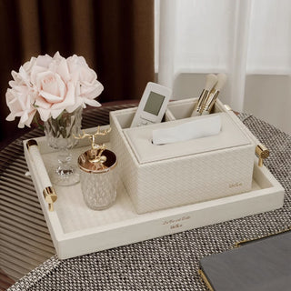 Elegant White Woven Tissue Box & Storage Tray Set – Luxury Desktop Organizer