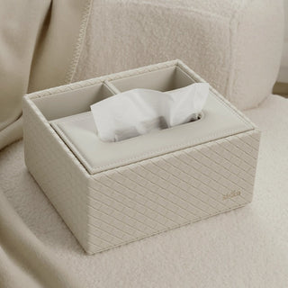 Elegant White Woven Tissue Box & Storage Tray Set – Luxury Desktop Organizer
