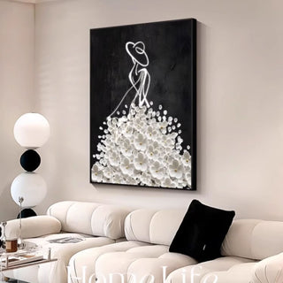 (Print) Elegant Woman in Floral Dress Wall Art Print | Black & White Modern Line Art Canvas